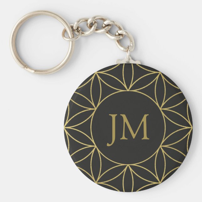 Black & Guld Flower of Life Monogram Nyckelring (Framsidan)