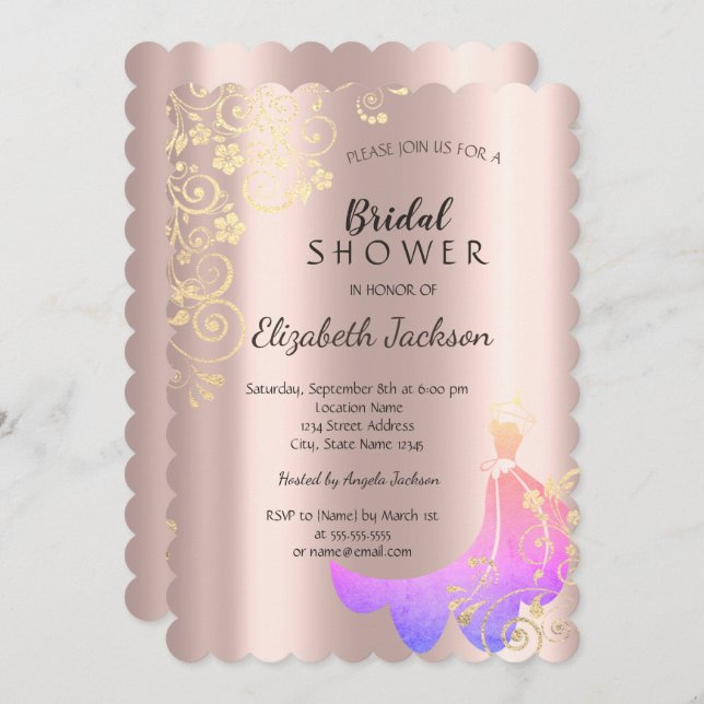 Black,Guld Flowers Dress Ro Guld Möhippa Inbjudningar (Fram/baksida)