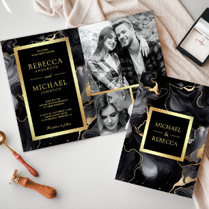 Black Guld Fluid Bläck QR-kod Fotokollage Bröllop Inbjudan
