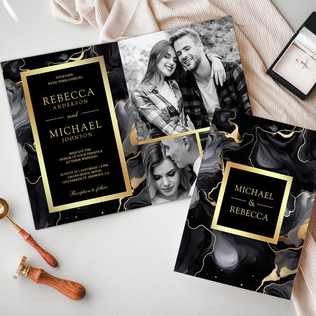 Black Guld Fluid Bläck QR-kod Fotokollage Bröllop Inbjudan (Skapare uppladdad)