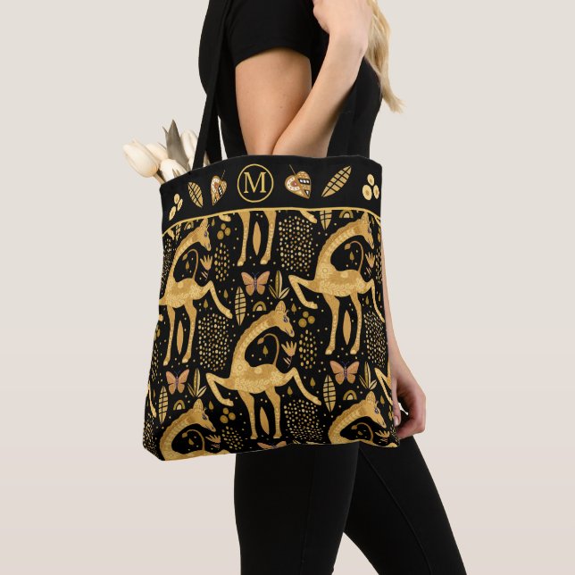 Black Guld Giraffe Boho Mönster Monogram Tygkasse (Närbild)