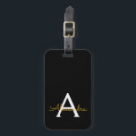 Black Guld Girly Script Monogram Namn Modern Bagagebricka<br><div class="desc">Guld och Black Monogram Lägg till ditt eget Namn-skript Namnteckning Pillow. Märkrn i bagagepåsen gör perfekten söt 16-årsjubileum,  bröllop,  möhippa,  babydusch eller bachelorette-festgåva till någon som kärlek en chic elegant och modern stil.</div>