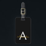 Black Guld Girly Script Monogram Namn Modern Bagagebricka<br><div class="desc">Guld och Black Monogram Lägg till ditt eget Namn-skript Namnteckning Pillow. Märkrn i bagagepåsen gör perfekten söt 16-årsjubileum,  bröllop,  möhippa,  babydusch eller bachelorette-festgåva till någon som kärlek en chic elegant och modern stil.</div>