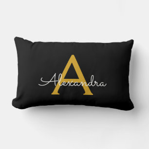 Black Guld Girly Script Monogram Namn Modern Lumbarkudde