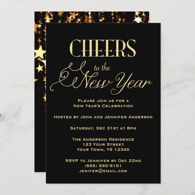Black Guld Glamor Nyårsafton Party Inbjudningar (Fram/baksida)
