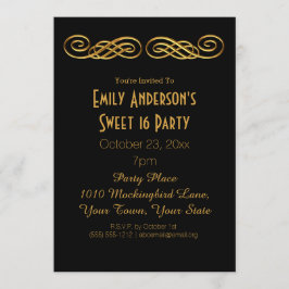 Black Guld Glamor Theme Sweet 16 Birthday Inbjudningar