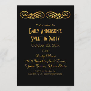 Black Guld Glamor Theme Sweet 16 Birthday Inbjudningar