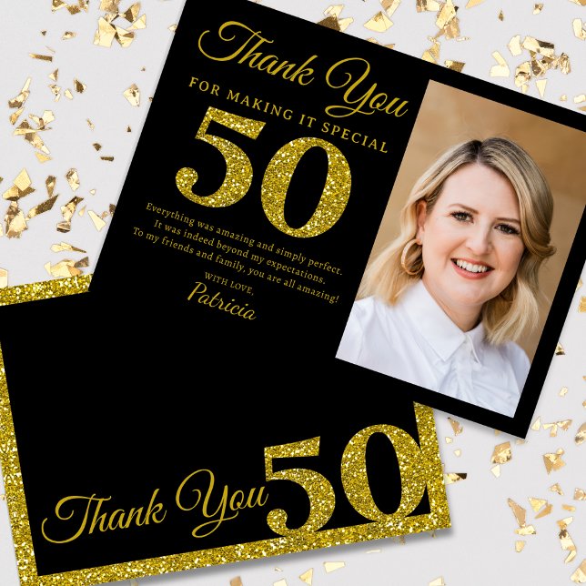 Black Guld Glitter 50:e födelsedagsfoto Tack Kort (Black and Gold Glitter 50th Birthday Thank You Cards | Unique Photo Keepsakes)