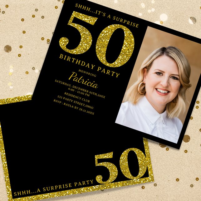 Black Guld Glitter 50:e överraskningsfoto från föd Inbjudningar (Glam 50th Birthday Invitations with Personalized Picture -
)