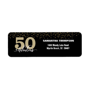 Black Guld Glitter 50 & Fabulous Returadress Etikett