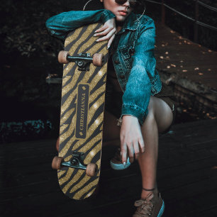 Black & Guld Glitter Animal Zebra Tiger Rand Mini Skateboard Bräda 18,5 Cm