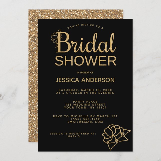 Black Guld Glitter Blommigt Möhippa Inbjudningar (Fram/baksida)