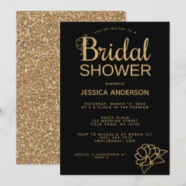 Black Guld Glitter Blommigt Möhippa Inbjudningar