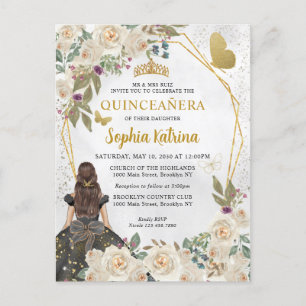 Black Guld Glitter Blommigt Princess Quinceañera Inbjudan Vykort