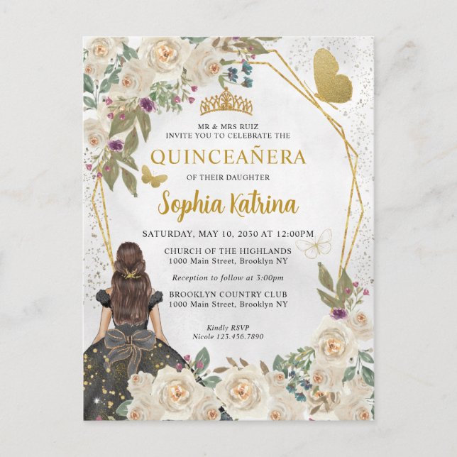 Black Guld Glitter Blommigt Princess Quinceañera Inbjudan Vykort (Framsida)