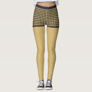 Black Guld Glitter Checkly Girly Trendig Mönster Leggings