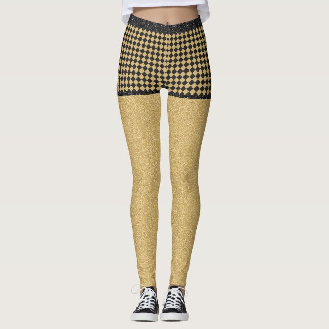 Black Guld Glitter Checkly Girly Trendig Mönster Leggings (Framsida)