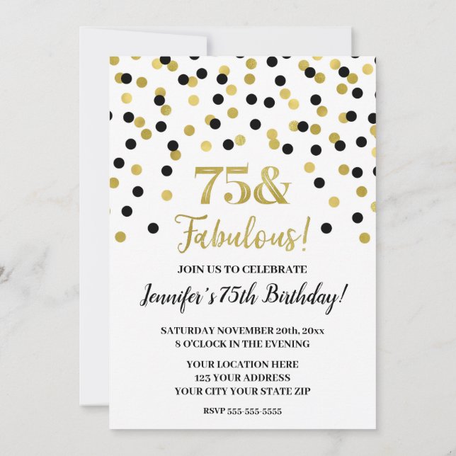 Black Guld Glitter Confetti 75 och Fabulous Inbjudningar (Baksida)