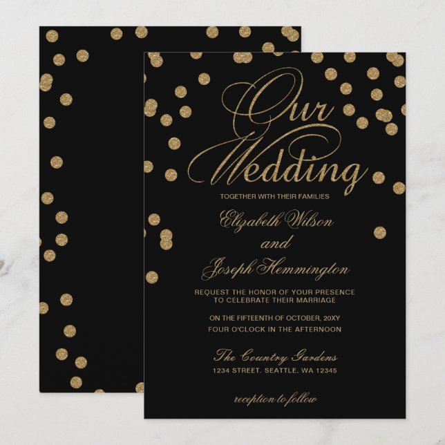 Black Guld Glitter Confetti Elegant bröllop Inbjudningar (Fram/baksida)