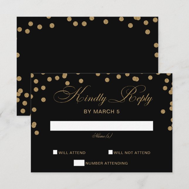 Black Guld Glitter Confetti Elegant bröllop OSA Kort (Fram/baksida)