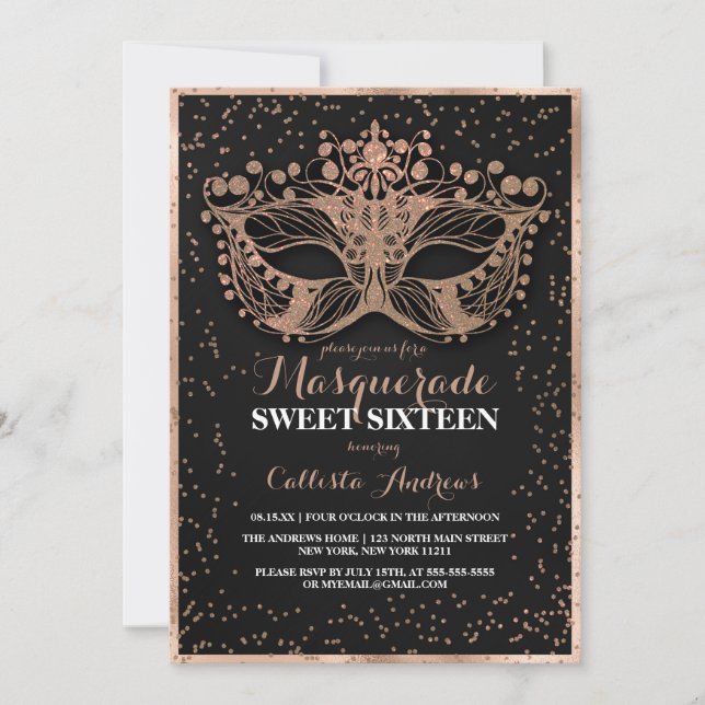 Black Guld Glitter Confetti Masquerad Sweet 16 Inbjudningar (Framsida)
