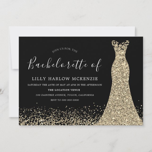 Black Guld Glitter Dress Bachelorette Party Inbjudningar (Framsida)