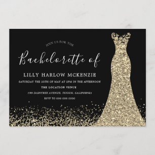 Black Guld Glitter Dress Bachelorette Party Inbjudningar