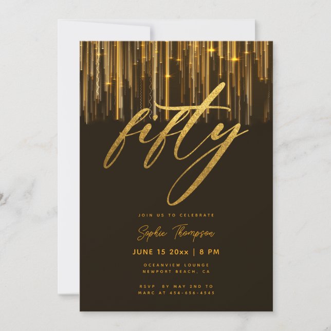 Black Guld Glitter Drips Elegant 50:e födelsedagen Inbjudningar (Framsida)
