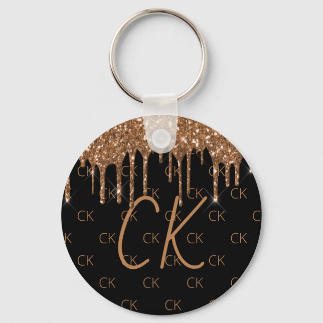 Black guld glitter droppar monogram initialer nyckelring (Framsida)