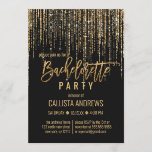 Black Guld Glitter Fringe Curtain Bachelorette Inbjudningar