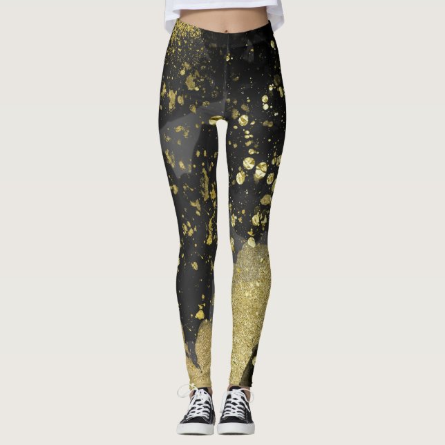 Black & Guld Glitter Glam Grunge Splatter Mode Leggings (Framsida)