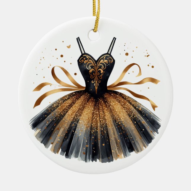 BLACK & GULD GLITTER LOOK BALLET TUTU JULGRANSPRYDNAD KERAMIK (Framsidan)