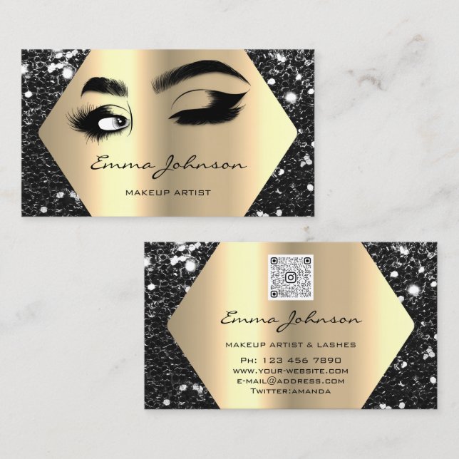 Black Guld Glitter Makeup Artist Lash QR-kod Visitkort (Fram/baksida)
