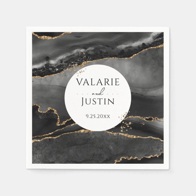 Black Guld Glitter Marble Bröllop Napkins Pappersservett (Framsidan)