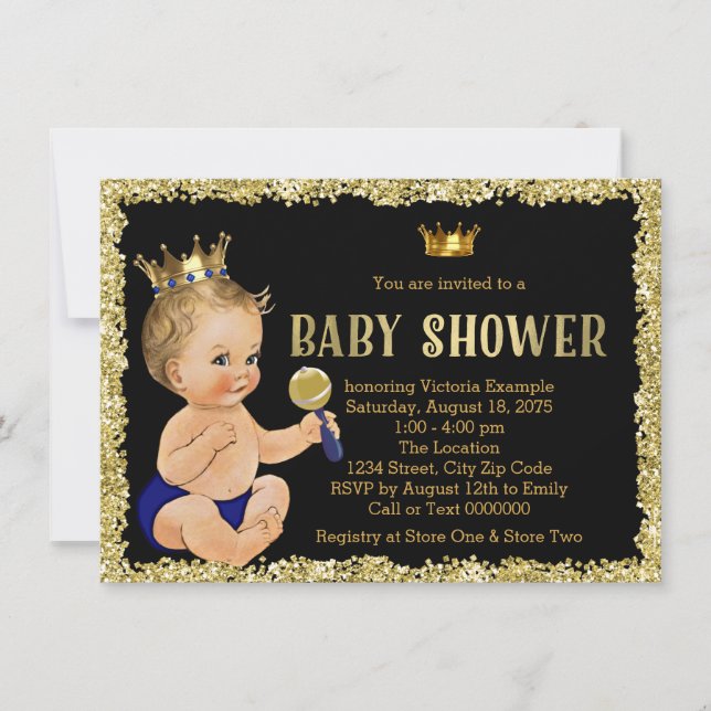 Black Guld Glitter Prince Boy Baby Shower Inbjudningar (Framsida)