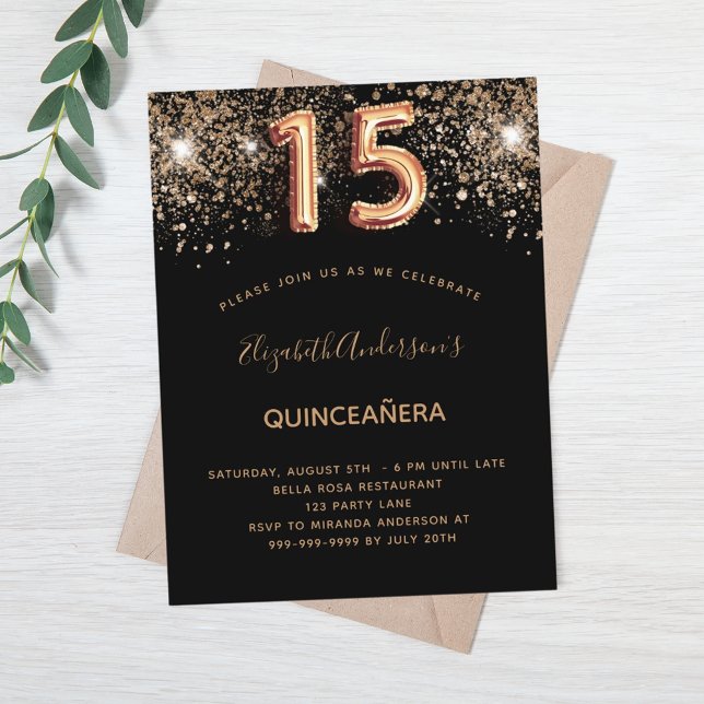 Black guld glitter Quinceanera Inbjudan Vykort (Skapare uppladdad)