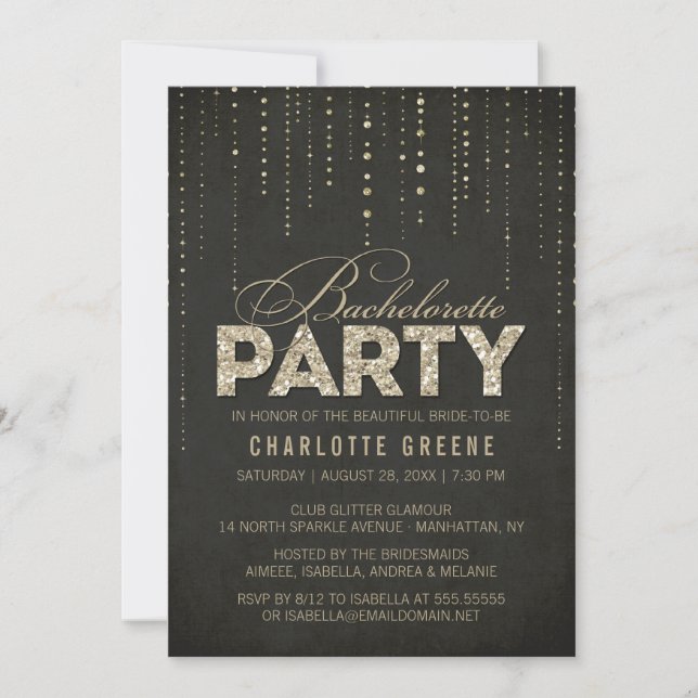 Black & Guld Glitter Se Bachelorette Party Inbjudningar (Framsida)