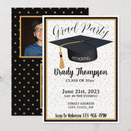 Black & Guld Glitter & Stars 2 Photo Grad Party Inbjudningar