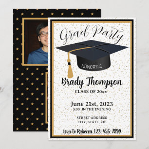 Black & Guld Glitter & Stars 2 Photo Grad Party Inbjudningar