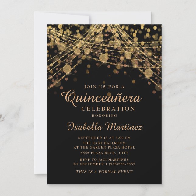 Black Guld Glitter String Ljus Quinceañera Inbjudningar (Framsida)