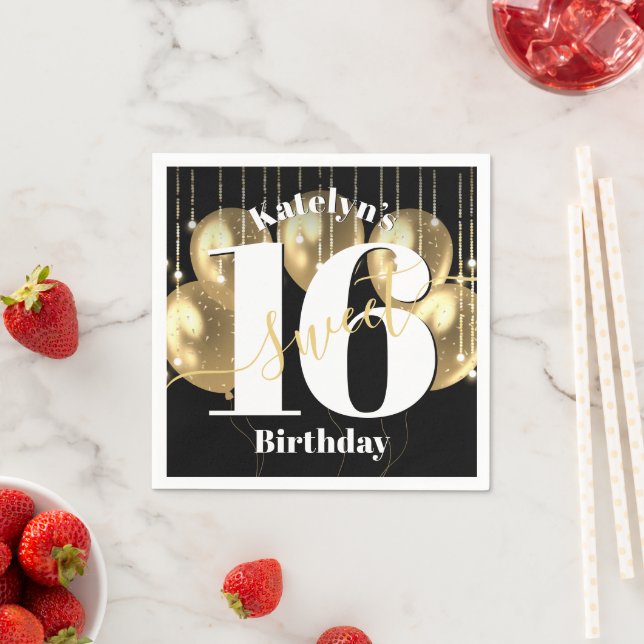 Black Guld Glitter Sweet 16 Birthday Balloons fet Pappersservett (Insitu)