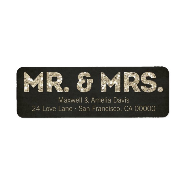 Black & Guld Glitter, titta på Mr. & Mrs Labels Returadress Etikett (Framsidan)