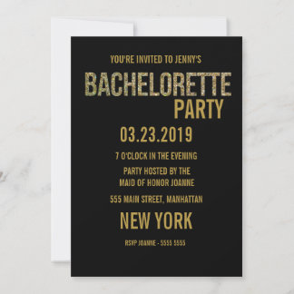 Black Guld Glitter Typography Bachelorette Inbjuda Inbjudningar