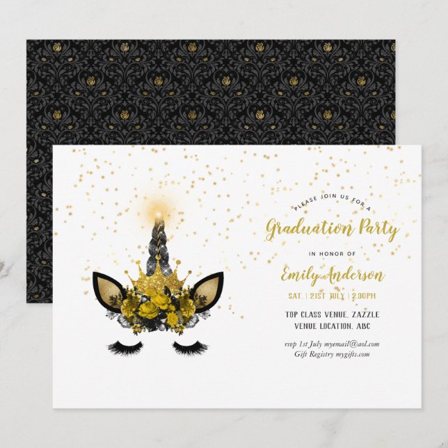 Black Guld Glitter Unicorn STUDENTEN Girl Party Inbjudningar (Fram/baksida)