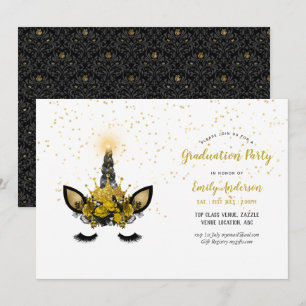 Black Guld Glitter Unicorn STUDENTEN Girl Party Inbjudningar