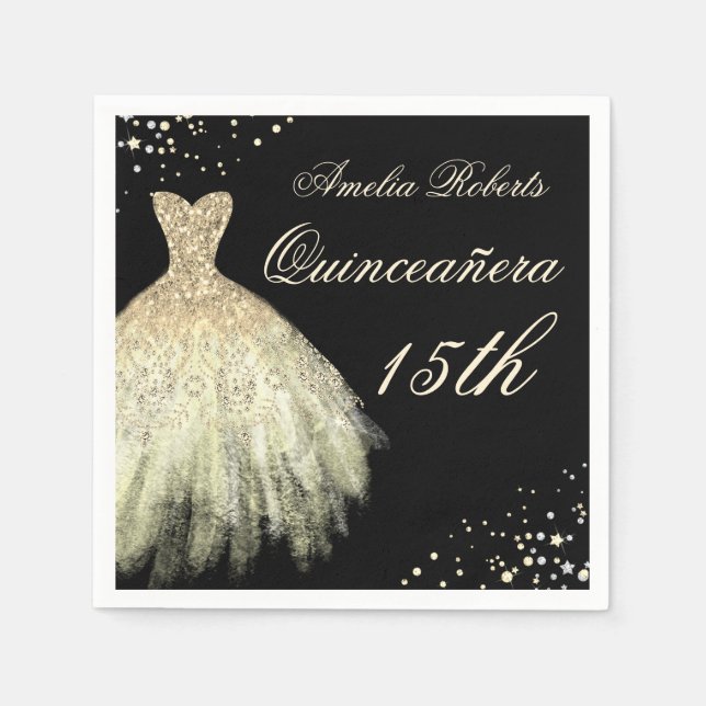 Black Guld Gnistra Dress Quinceanera Napkin Pappersservett (Framsidan)
