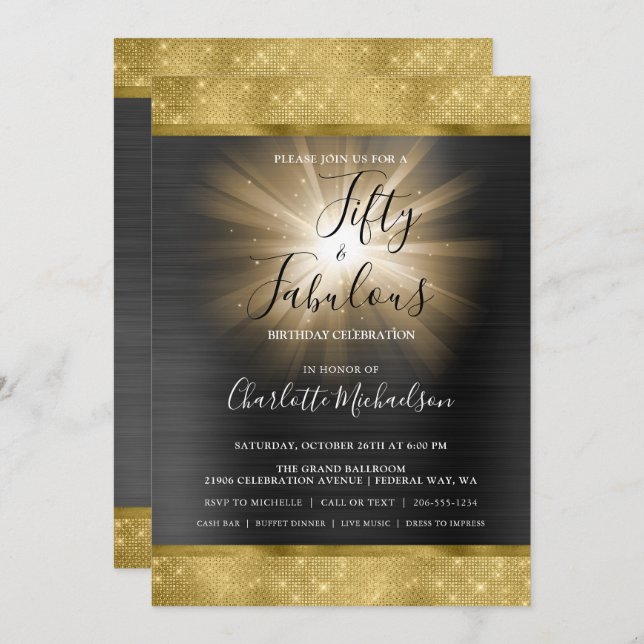 Black Guld Gnistra Glam Femfty & Fabulous Birthday Inbjudningar (Fram/baksida)