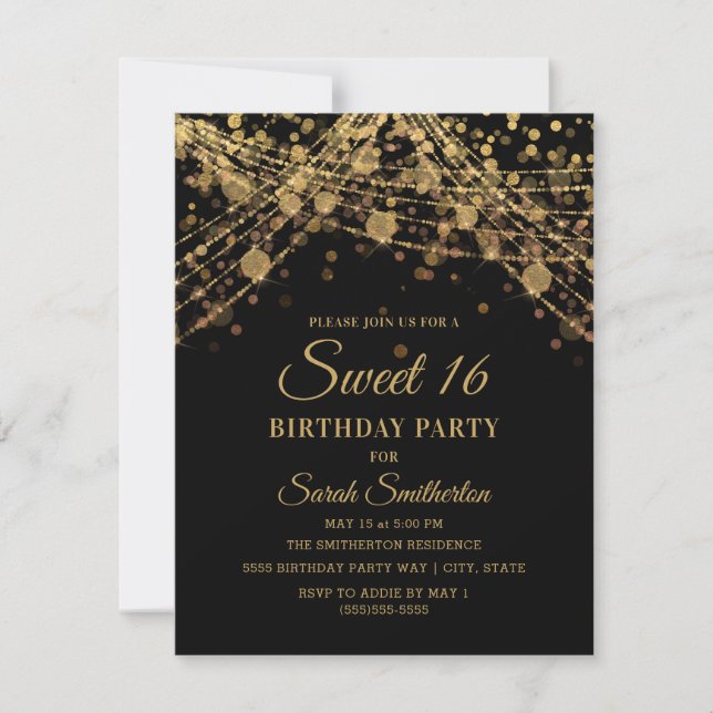 Black Guld Gnistra Glitter String Ljus Sweet 16 Inbjudningar (Framsida)