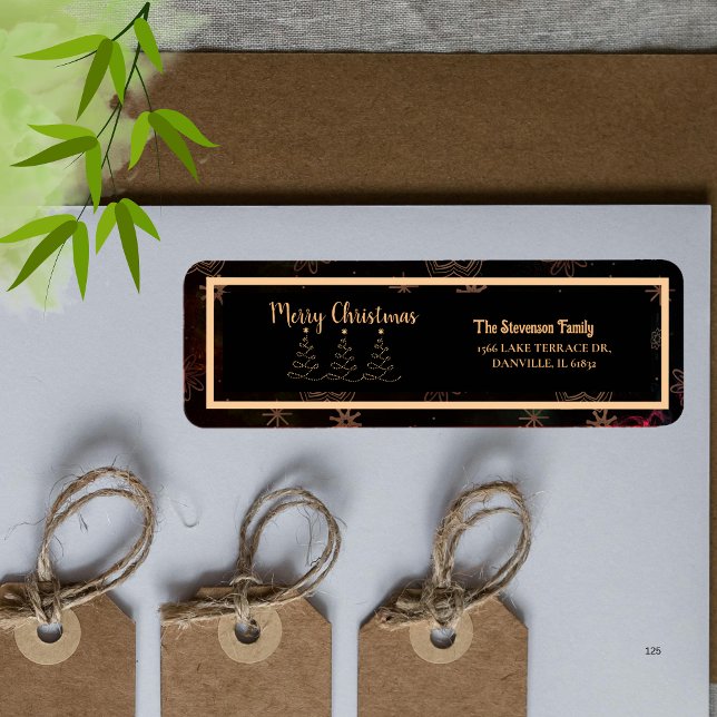 Black Guld God jul Träd Returadress Etikett (Black Gold Merry Christmas Tree Return Address Label)