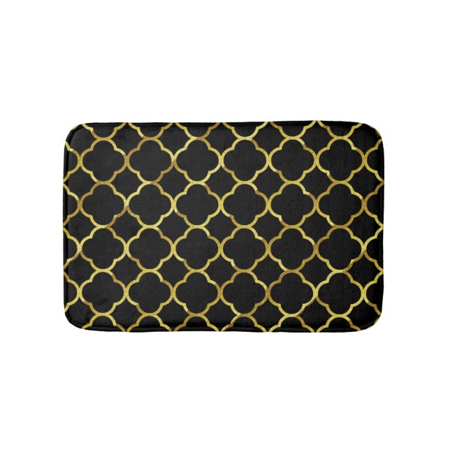 Black Guld Golden Quatrefoil Mönster Elegant Coola Badrumsmatta (Framsidan)